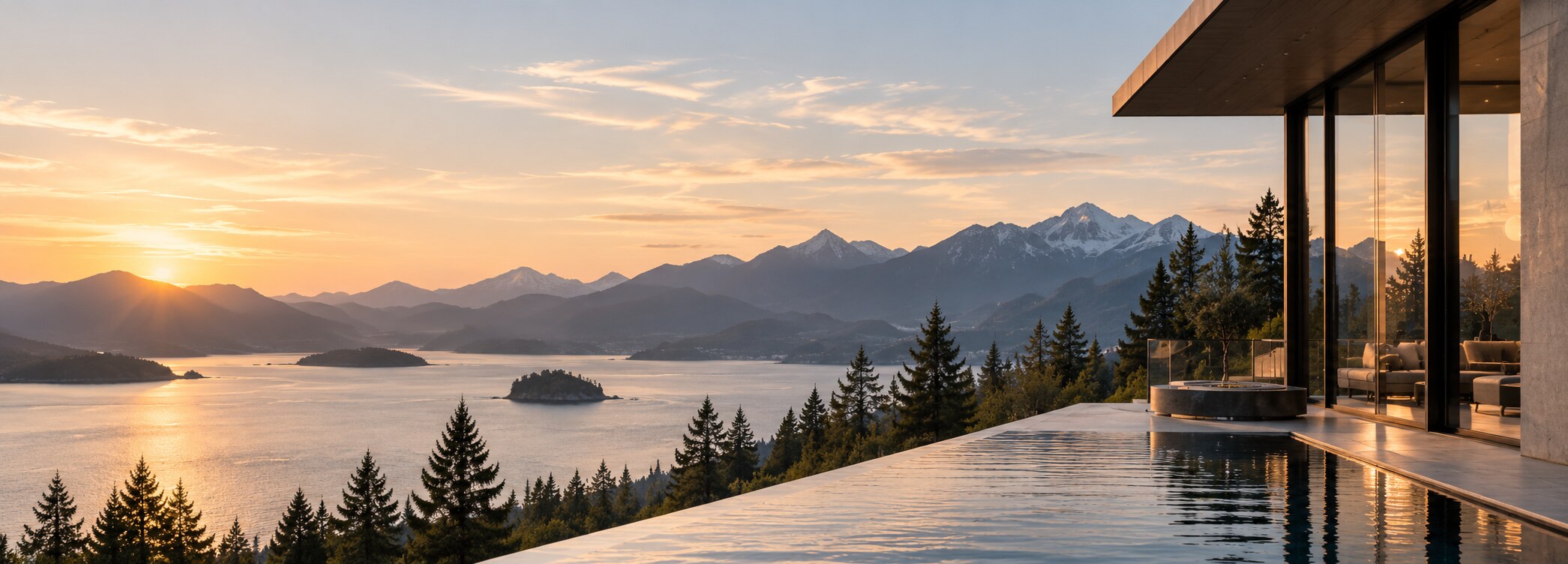 夕照中的湖畔建筑，远处是层叠山峦